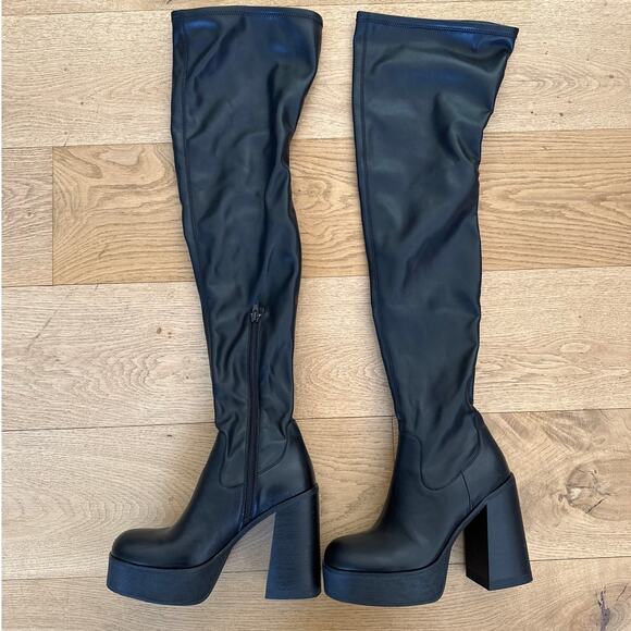 NBD x Raye - Rylee Over The Knee Platform Boots in Black - Picture 1 of 8